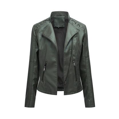 Loom & Soul™ Women’s Slim PU Leather Moto Jacket – Short Lapel Biker Coat for Chic Everyday Confidence