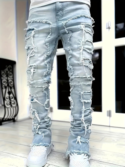 Jean slim homme vieilli – déchirures superposées et patchwork denim urbain
