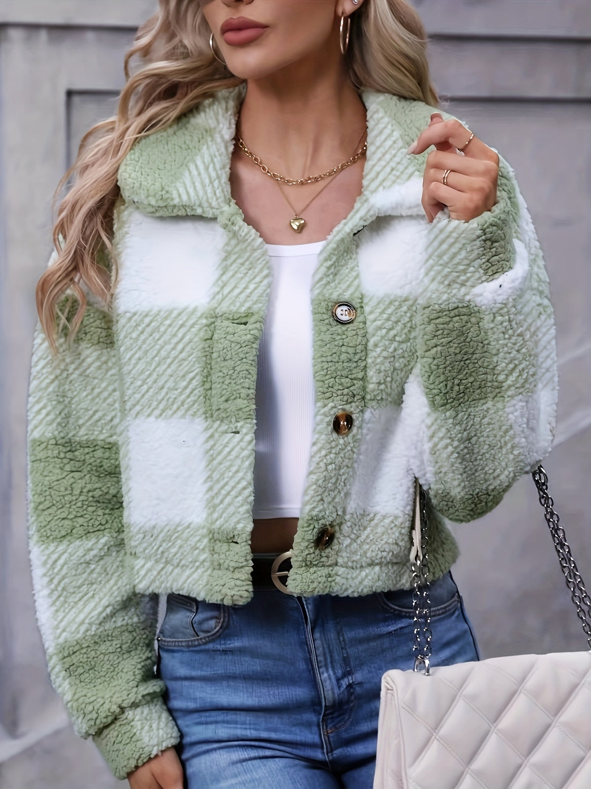 Manteau en peluche à carreaux pour femme – Vêtement d'extérieur chaud à carreaux pour l'automne/hiver avec boutons
