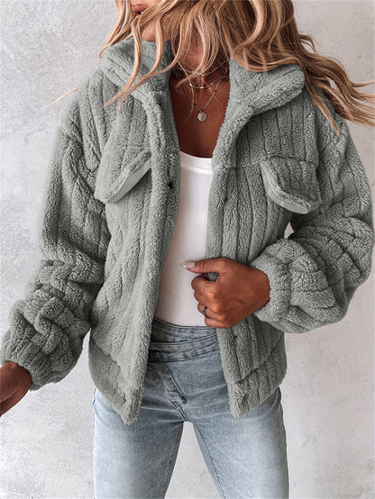 Veste douillette rose pâle en peluche pour femme – Manteau d'hiver chaud à revers boutonné