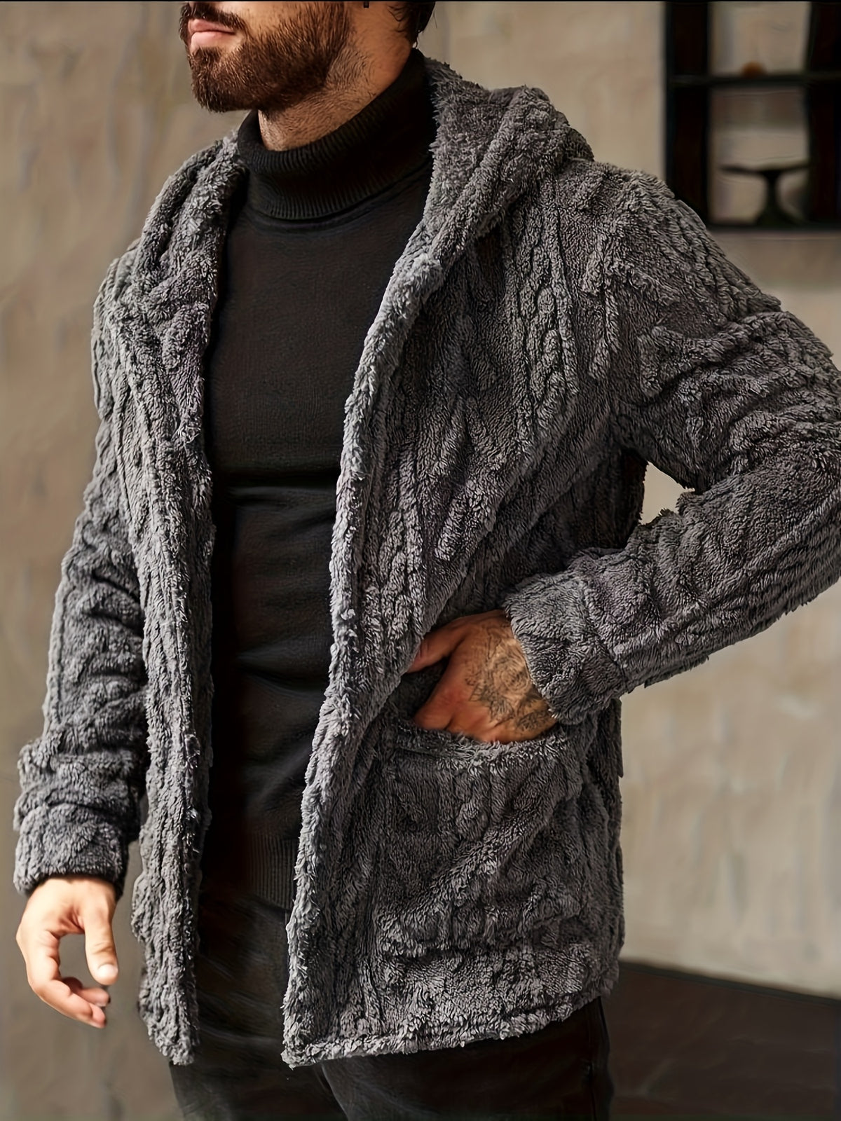 Men’s Teddy Fleece Hooded Jacket – Cozy Button-Up Winter Cardigan