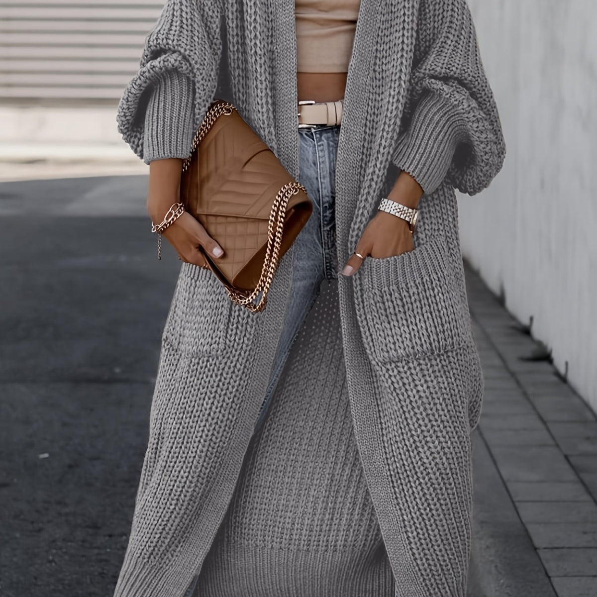 Elegant Deep V-Neck Ribbed Cardigan – Women’s Fall/Winter Knit Sweater
