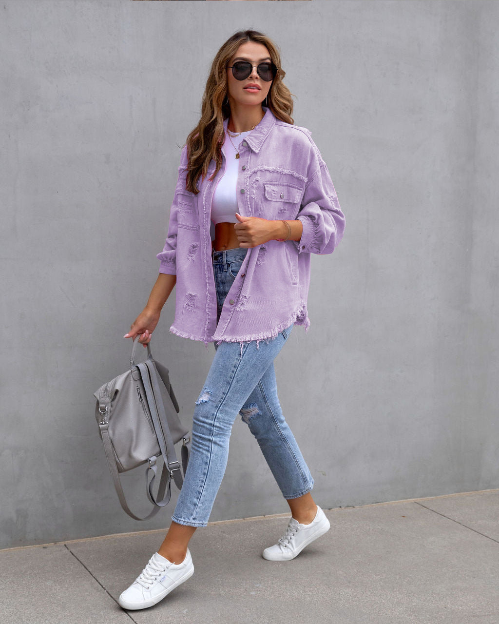 Veste chemise déchirée Loom & Soul pour femme – Haut décontracté ample boutonné pour le printemps et l'automne