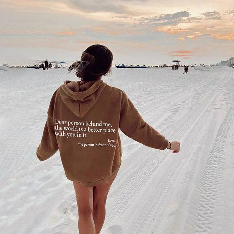 Loom & Soul – Sweat à capuche « Dear Person Behind Me » – Pull molletonné imprimé pour femme avec poche kangourou et cordon de serrage (Unisexe, plusieurs couleurs)