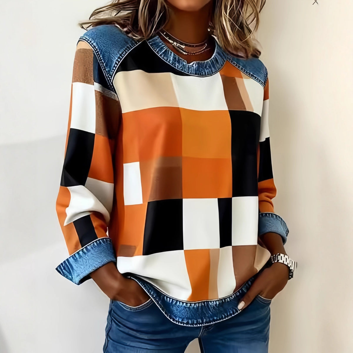 Sweat-shirt en jean patchwork pour femme – Pull ras-du-cou à motif floral
