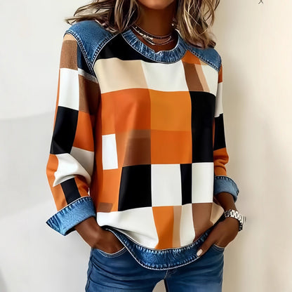 Sweat-shirt en jean patchwork pour femme – Pull ras-du-cou à motif floral