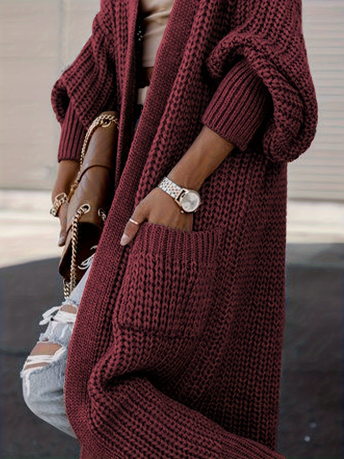 Elegant Deep V-Neck Ribbed Cardigan – Women’s Fall/Winter Knit Sweater