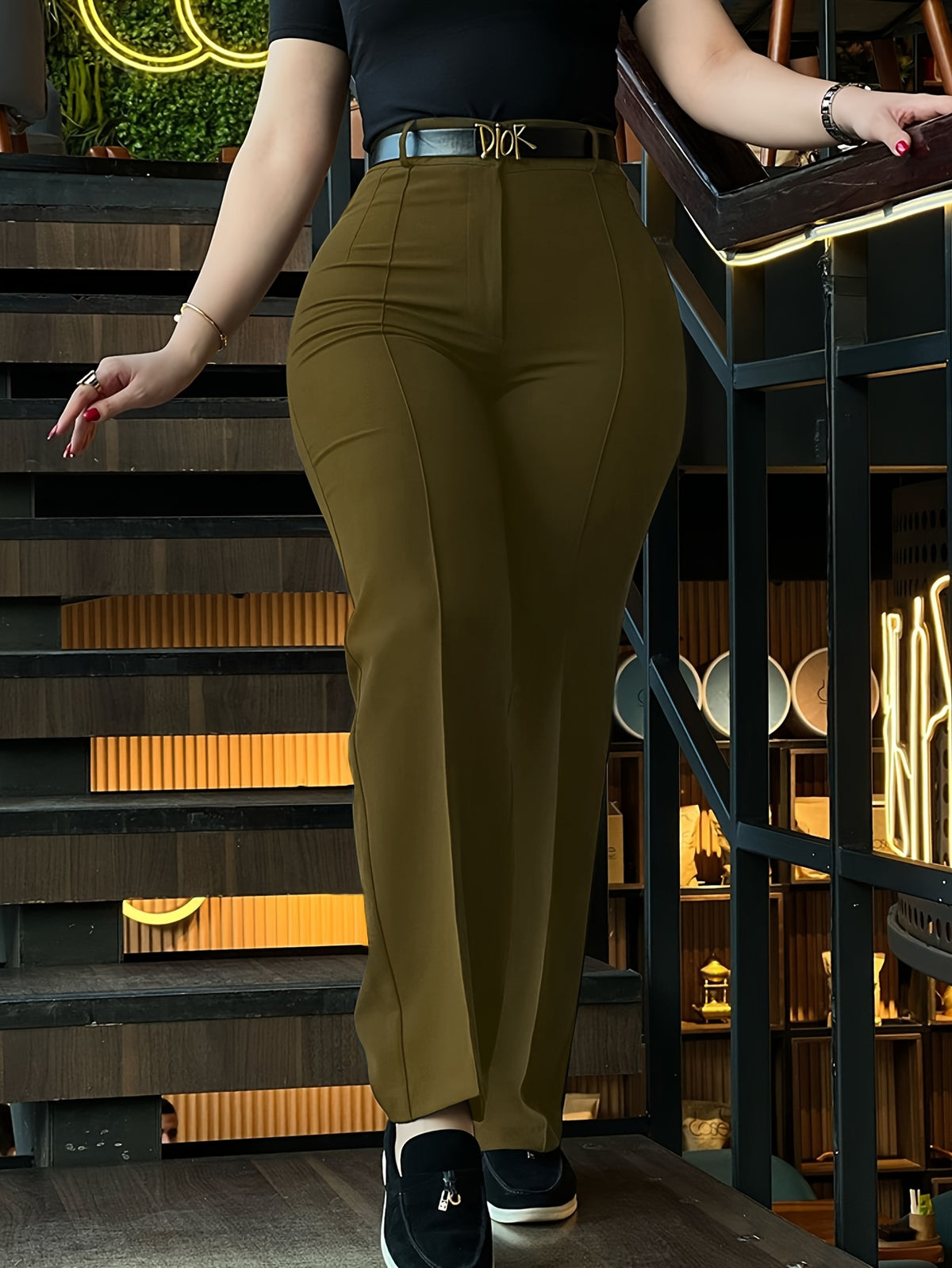 Pantalon habillé femme taille haute coupe droite – Pantalon de travail noir élégant