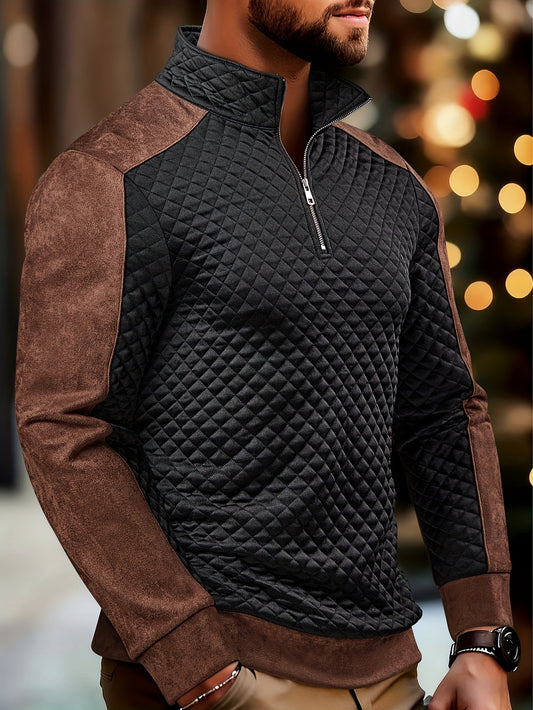 Men’s Diamond Knit Zip Henley – Textured Colorblock Pullover
