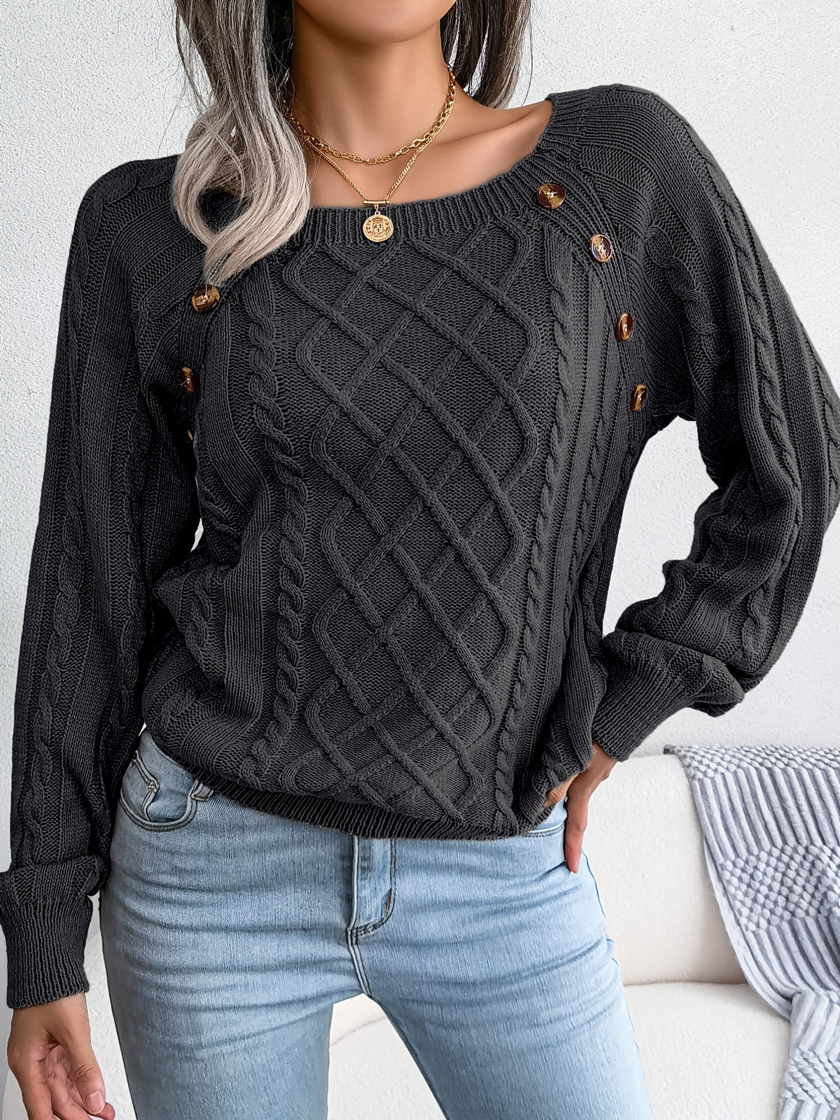 Pull texturé à manches lanternes pour femme – Haut en maille à boutons