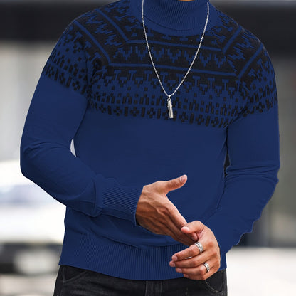 Men’s Geometric Turtleneck Sweater – Casual Knit Pullover for Fall & Winter