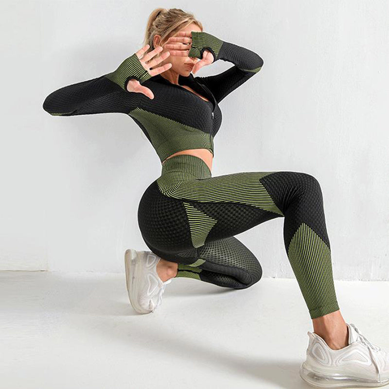 Ensemble de yoga sans coutures 3 pièces Loom & Soul pour femme – Soutien-gorge de sport, crop top et leggings, tenue de sport et de fitness à séchage rapide