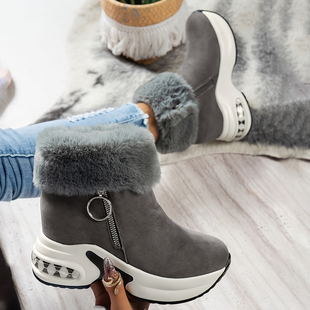 Bottines compensées pour femme – Chaussures d'hiver zippées à doublure en peluche