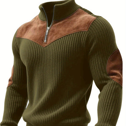 Pull Homme Demi-Zip Col Droit – Sweat Rétro Chaud et Côtelé