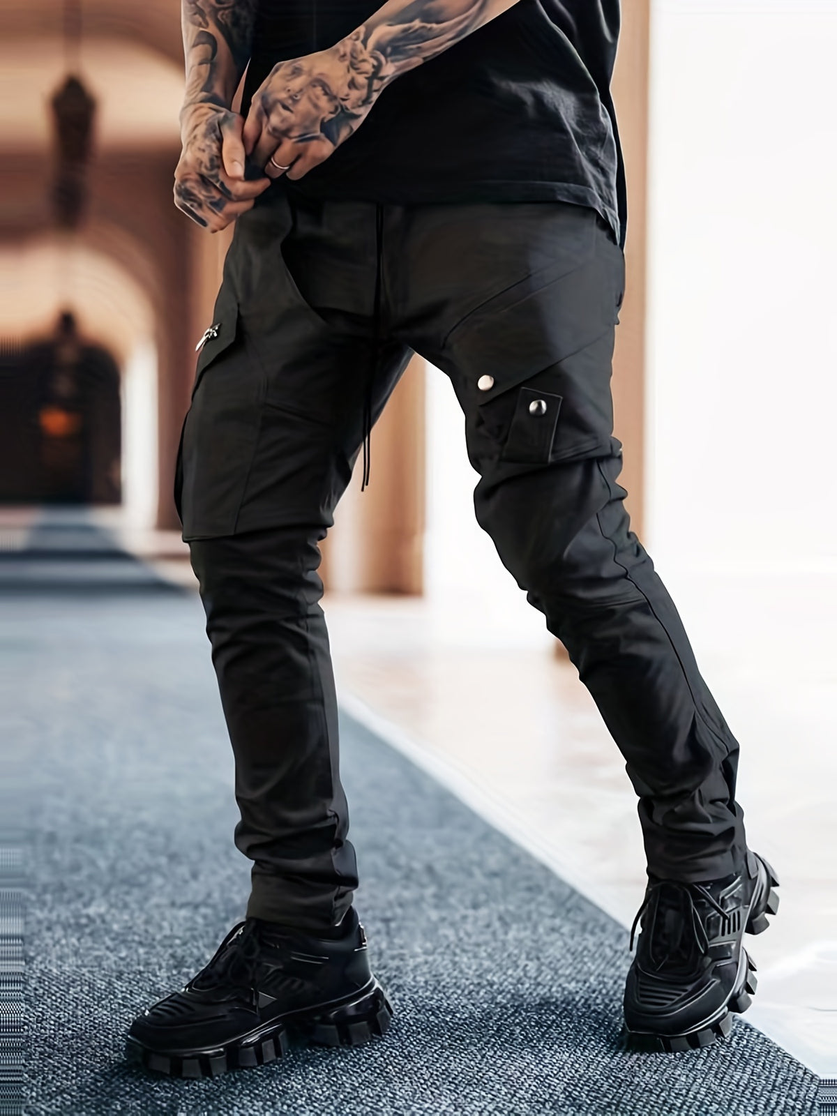 Pantalon cargo noir pour homme – Pantalon streetwear multipoches à cordon de serrage