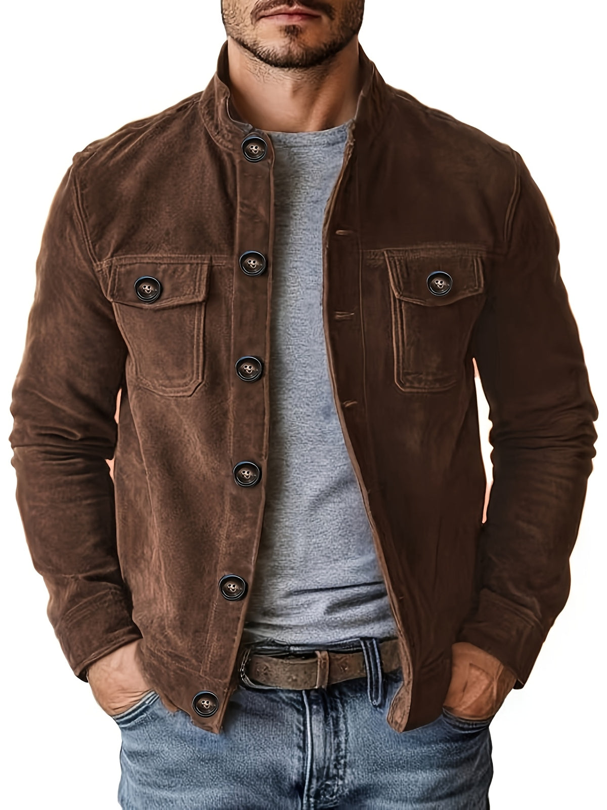 Veste en faux daim pour homme – Manteau décontracté à col montant boutonné