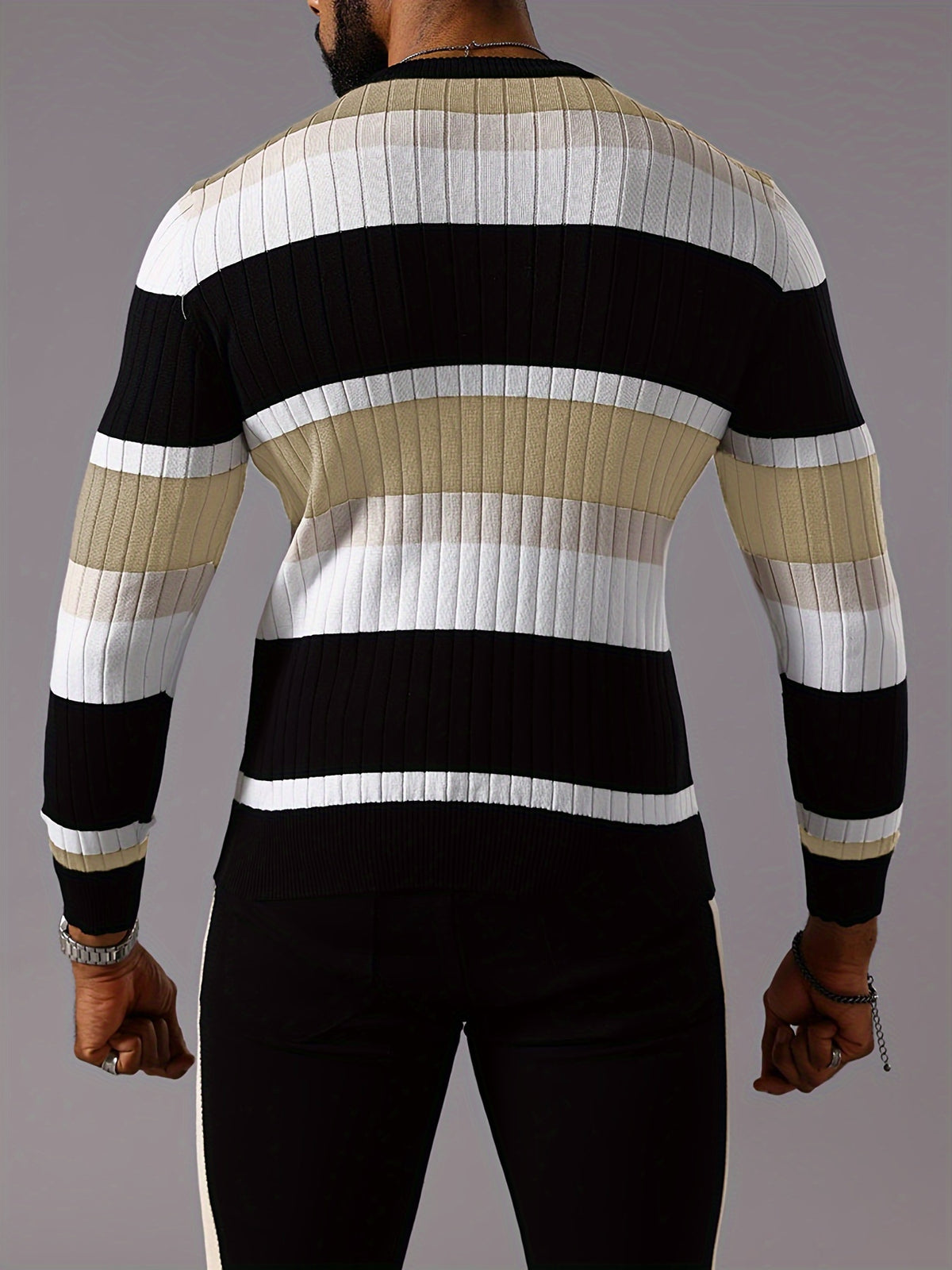 Men’s Striped Ribbed Knit Sweater – Color-Block Fall Winter Pullover