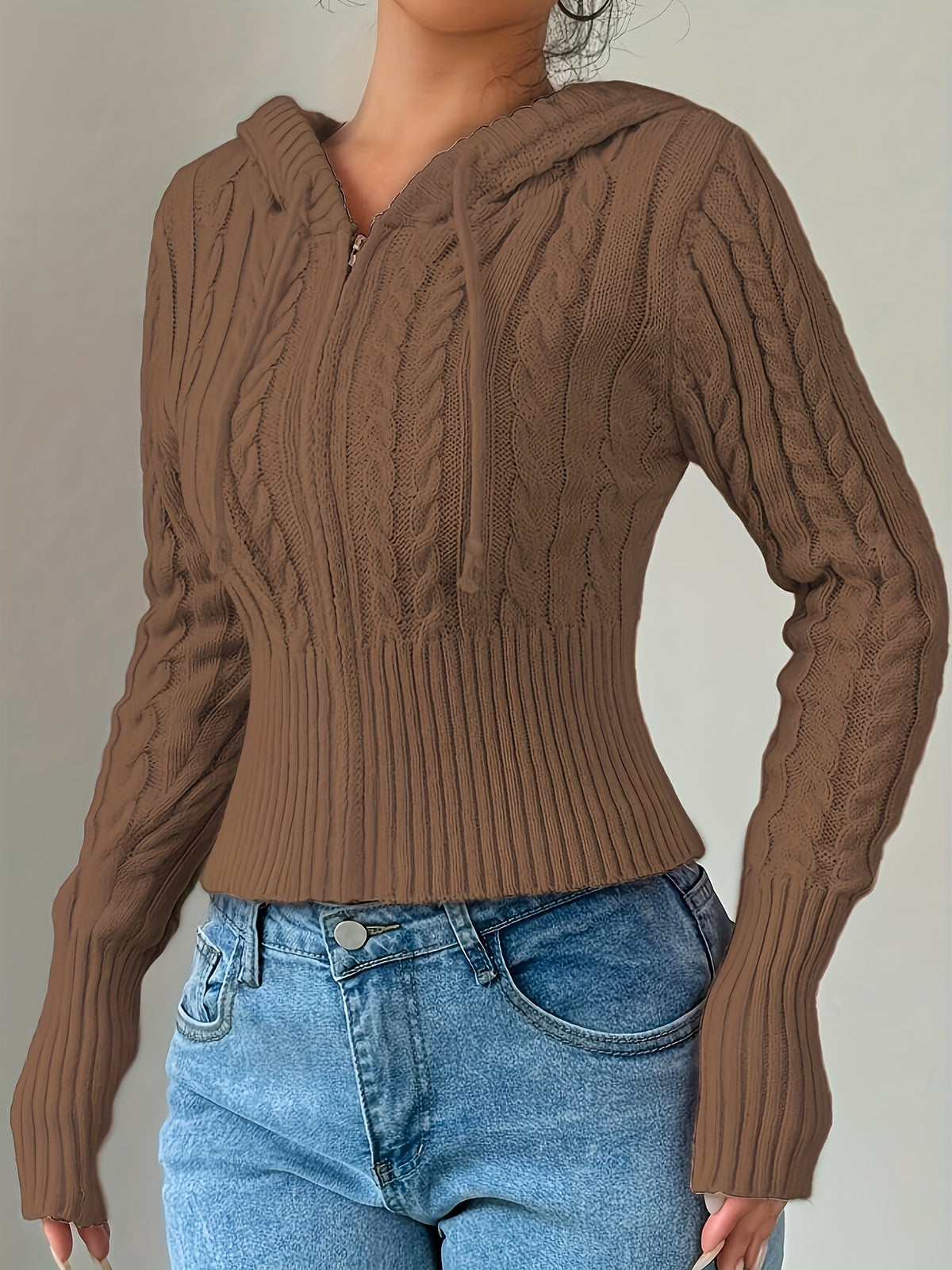 Gilet zippé à capuche élégant – Tricot torsadé, couche chaude