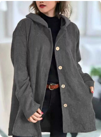 Veste à capuche en velours côtelé pour femme – Manteau chaud décontracté mi-long