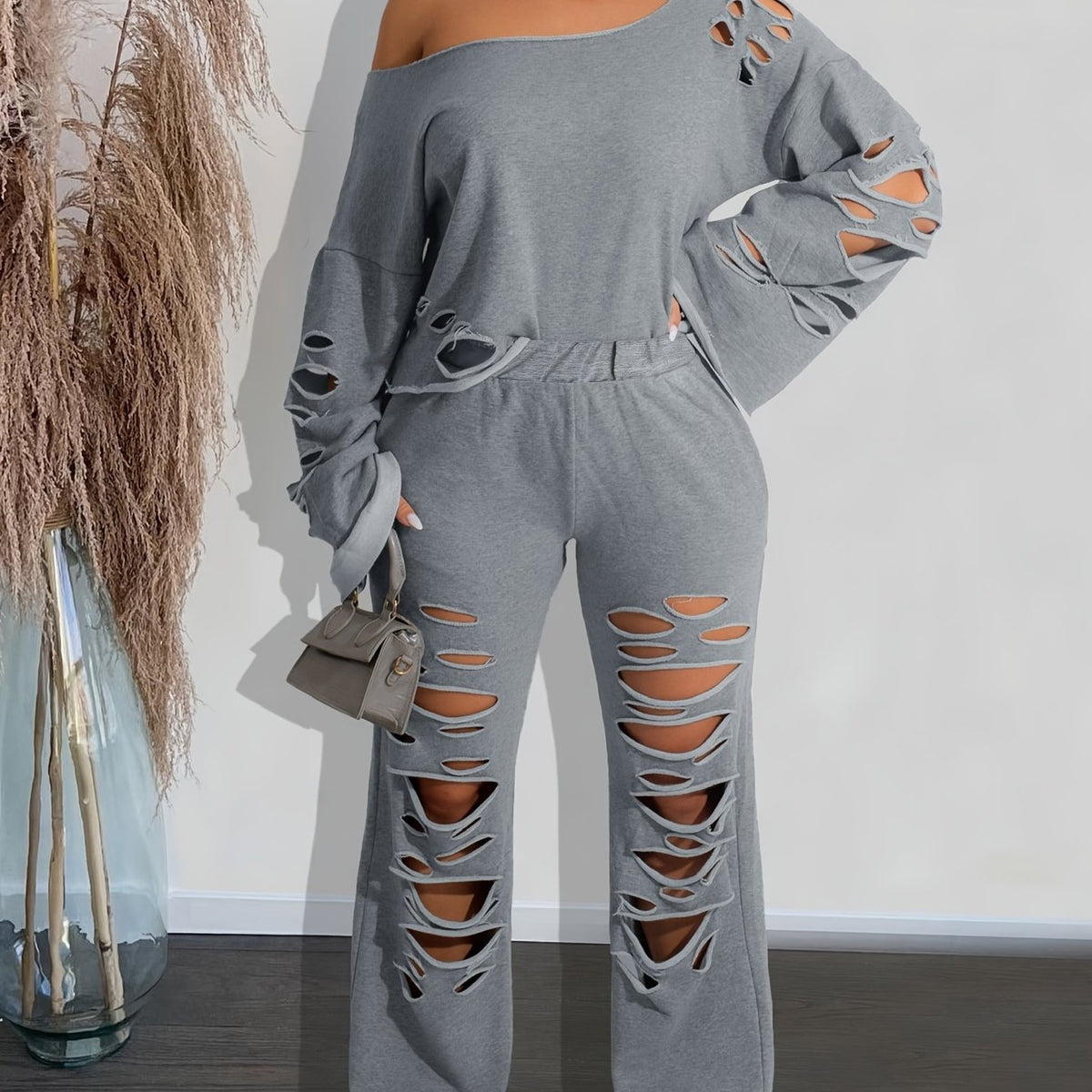 Conjunto de 2 piezas para mujer, hombros descubiertos, efecto envejecido – Top de manga larga y pantalón rasgado