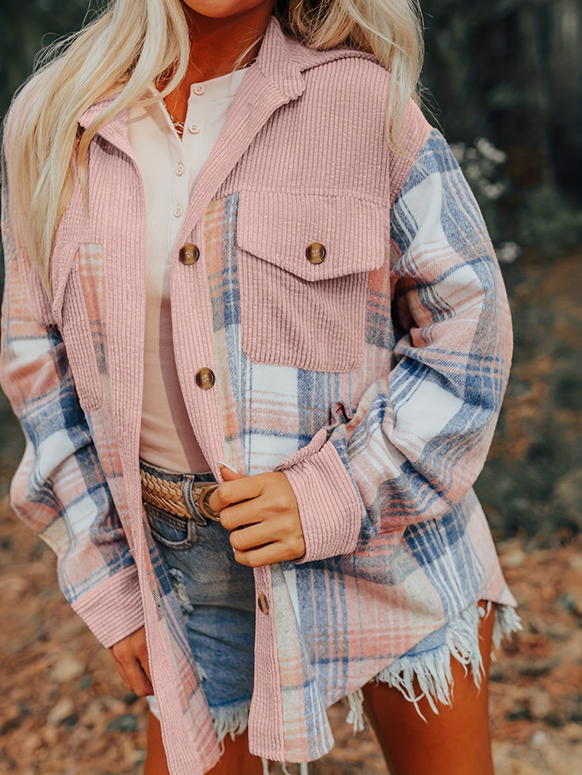 Shacket à carreaux pour femme – Col à revers, boutonnée, épaules tombantes, automne/printemps