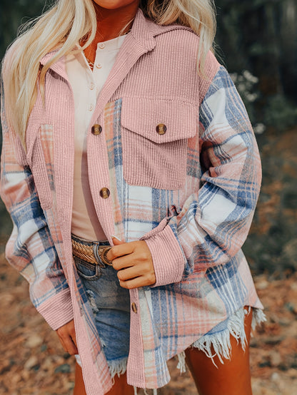 Shacket à carreaux pour femme – Col à revers, boutonnée, épaules tombantes, automne/printemps