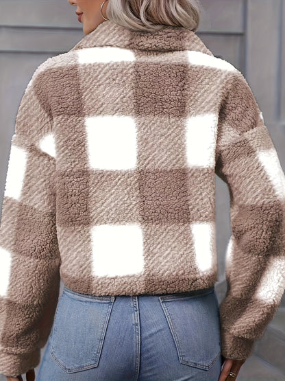 Manteau en peluche à carreaux pour femme – Vêtement d'extérieur chaud à carreaux pour l'automne/hiver avec boutons