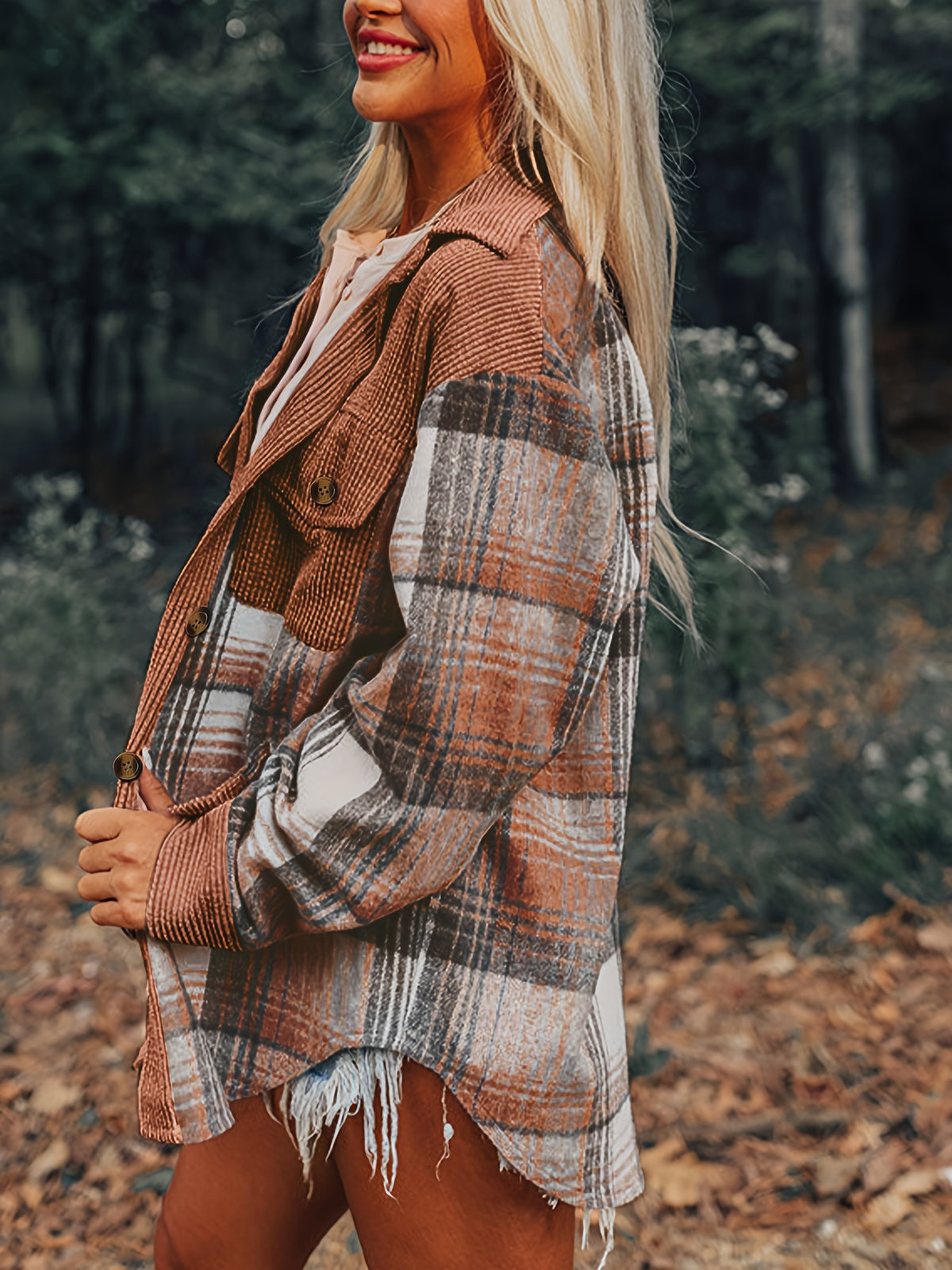 Shacket à carreaux pour femme – Col à revers, boutonnée, épaules tombantes, automne/printemps