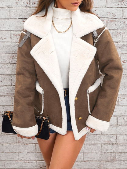 Loom & Soul™ Women’s Plush Polo Collar Jacket – Thick Winter Fleece Coat for Cozy Korean Street Style