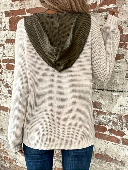 Women’s Color Block Hoodie – Button-Front Drawstring Casual Sweatshirt