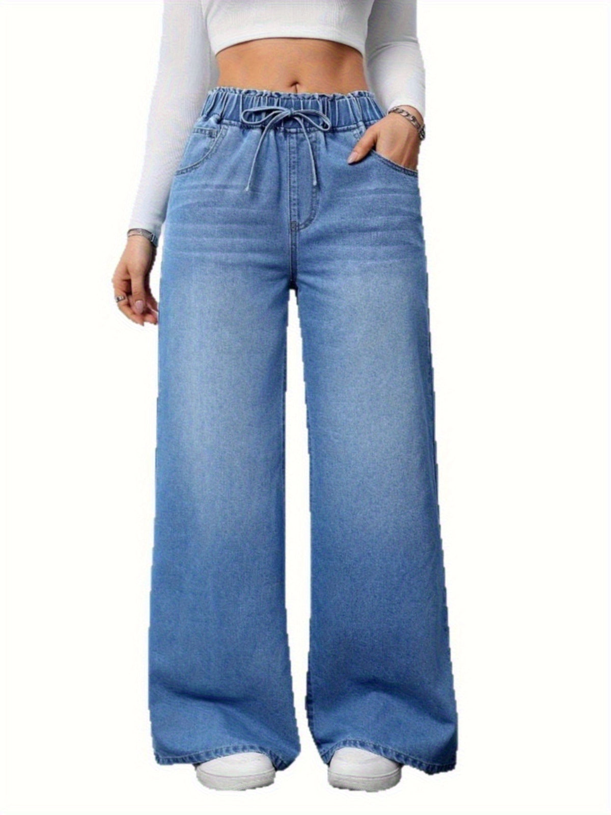 Jean large taille haute pour femme – Denim stretch avec cordon de serrage 2025