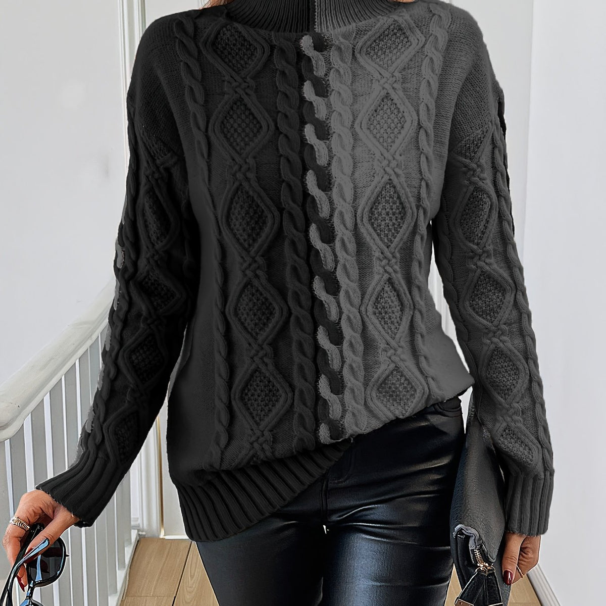 Elegant High-Neck Striped Blouse – Color-Block Knit Long Sleeve Top