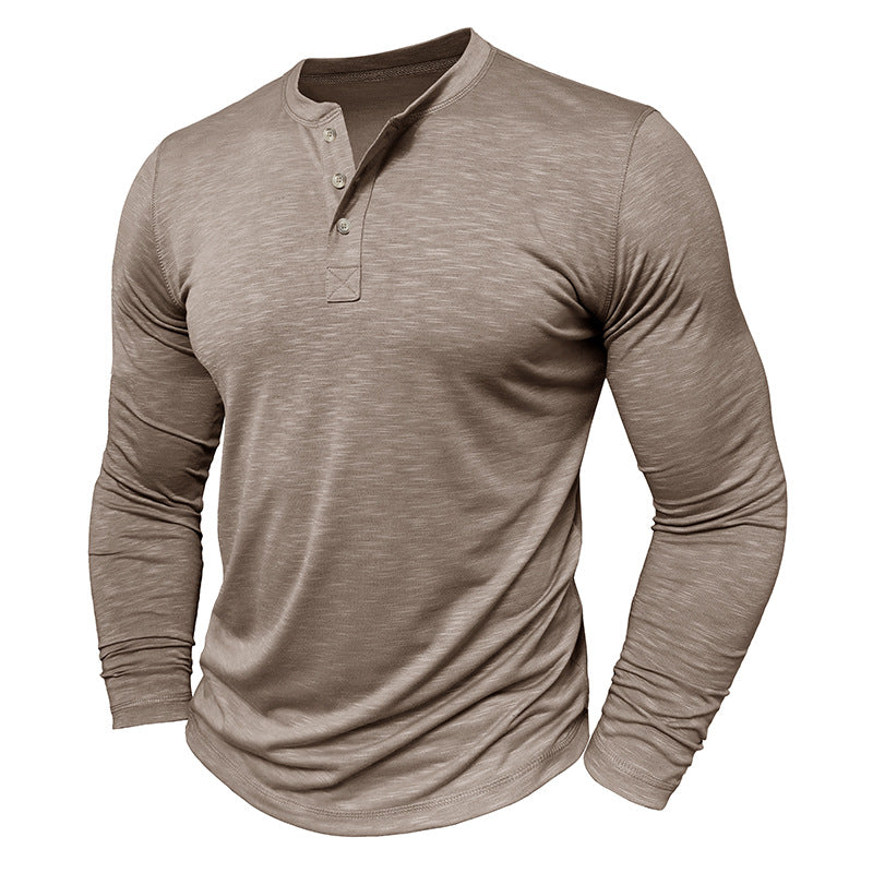 Camisa Henley de manga larga para hombre - Pulóver informal de algodón Slub