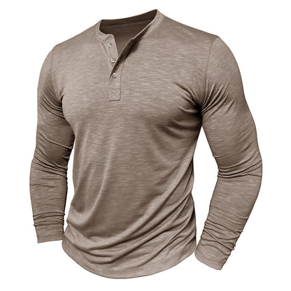 Camisa Henley de manga larga para hombre - Pulóver informal de algodón Slub