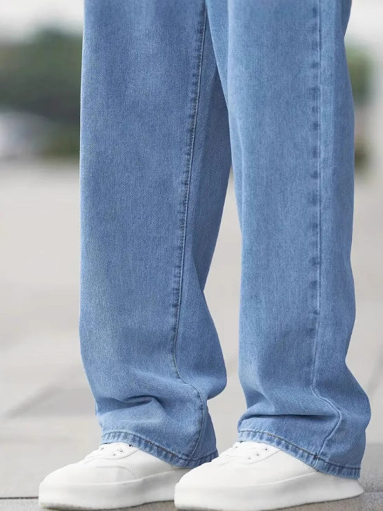 Men’s Loose Straight Denim Jeans – Casual Cotton Mid Waist Pants