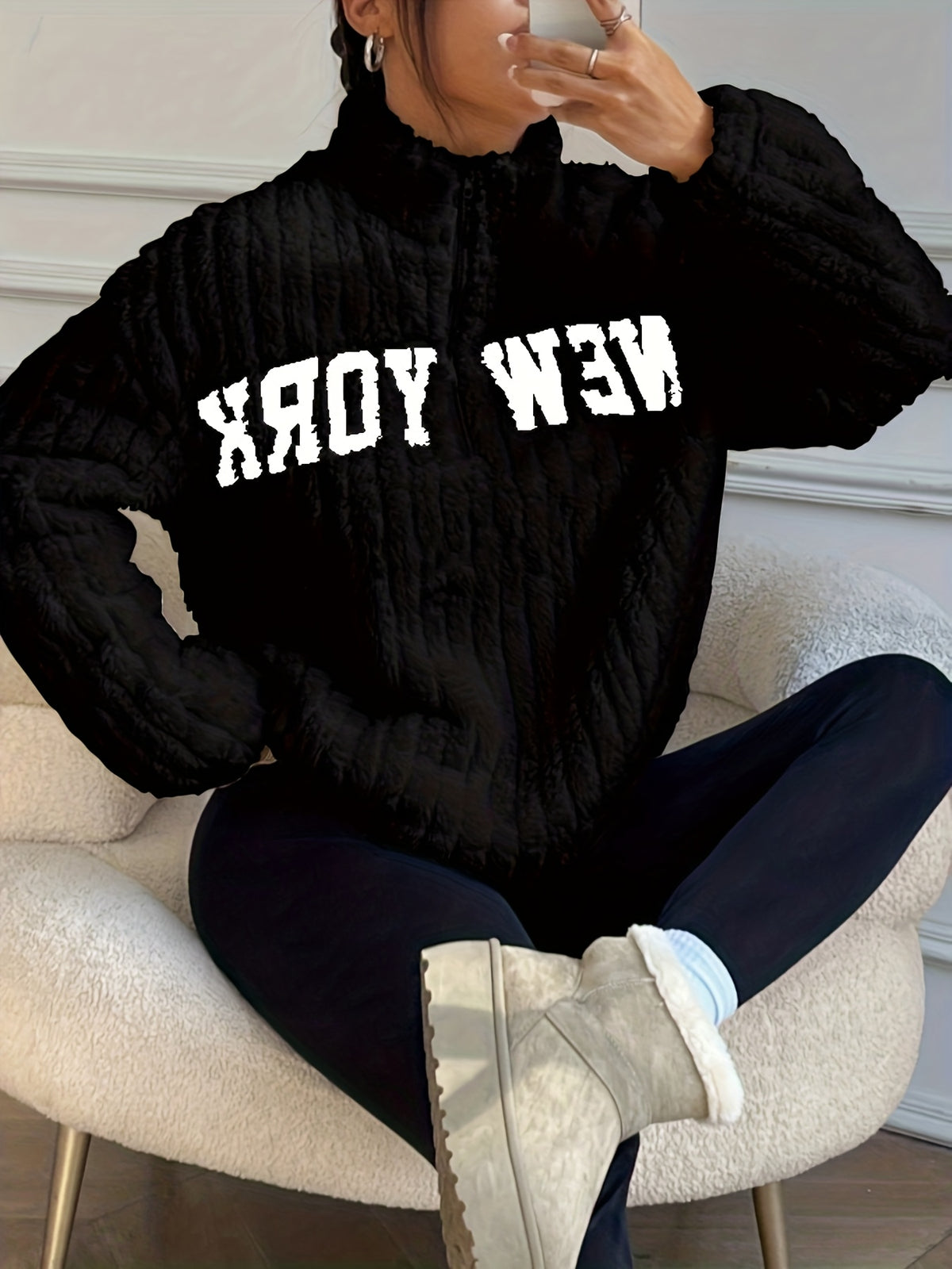 Manteau-pull élégant à fermeture éclair – Vêtement d'extérieur automne/hiver à col montant pour femme