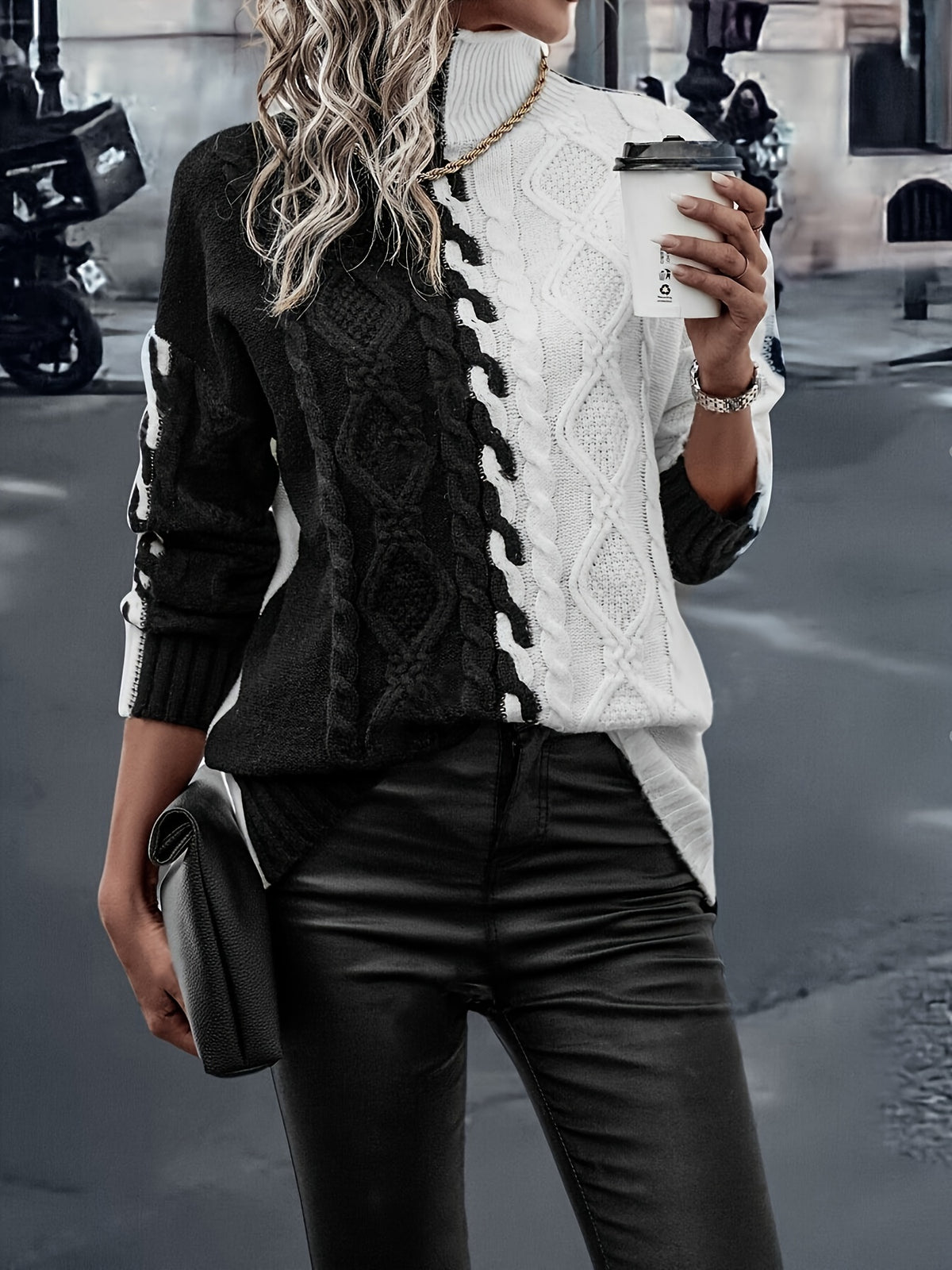 Elegant High-Neck Striped Blouse – Color-Block Knit Long Sleeve Top