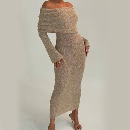 Robe longue en maille à une épaule – Robe de plage élégante à manches longues