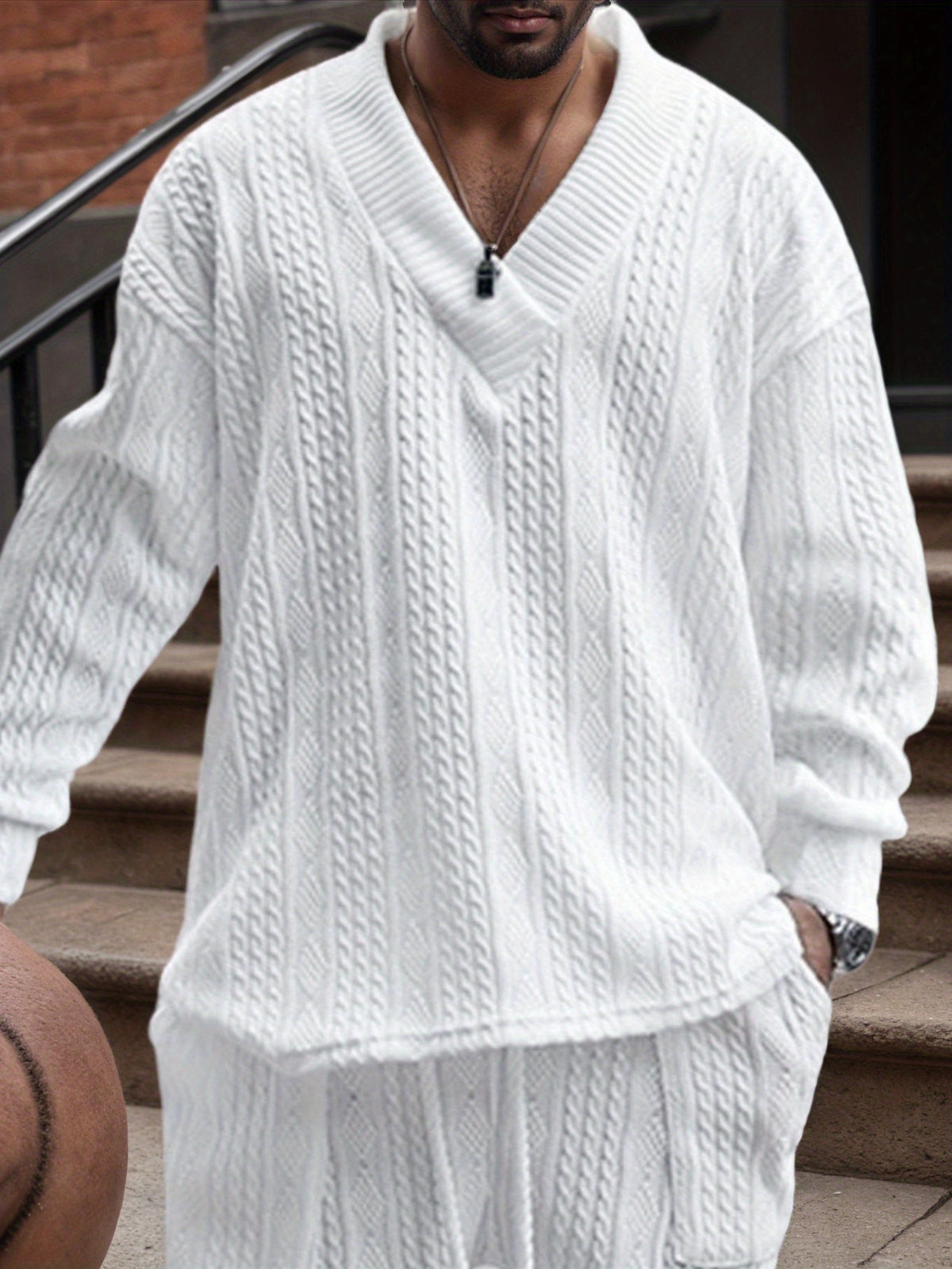 Men’s V-Neck Knit Sweater – Jacquard Rib Casual Pullover