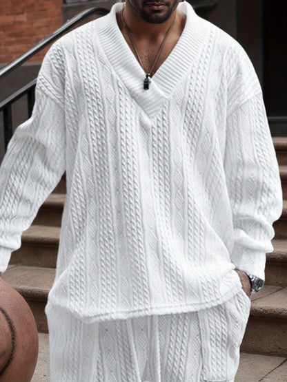 Men’s V-Neck Knit Sweater – Jacquard Rib Casual Pullover