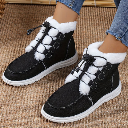 Women’s Faux Fur Slip-On Shoes – Cozy Winter Warm Beige Drawstring Loafers
