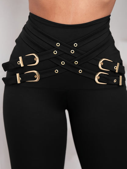 Pantalon taille haute femme à boucles croisées – Legging sculptant extensible