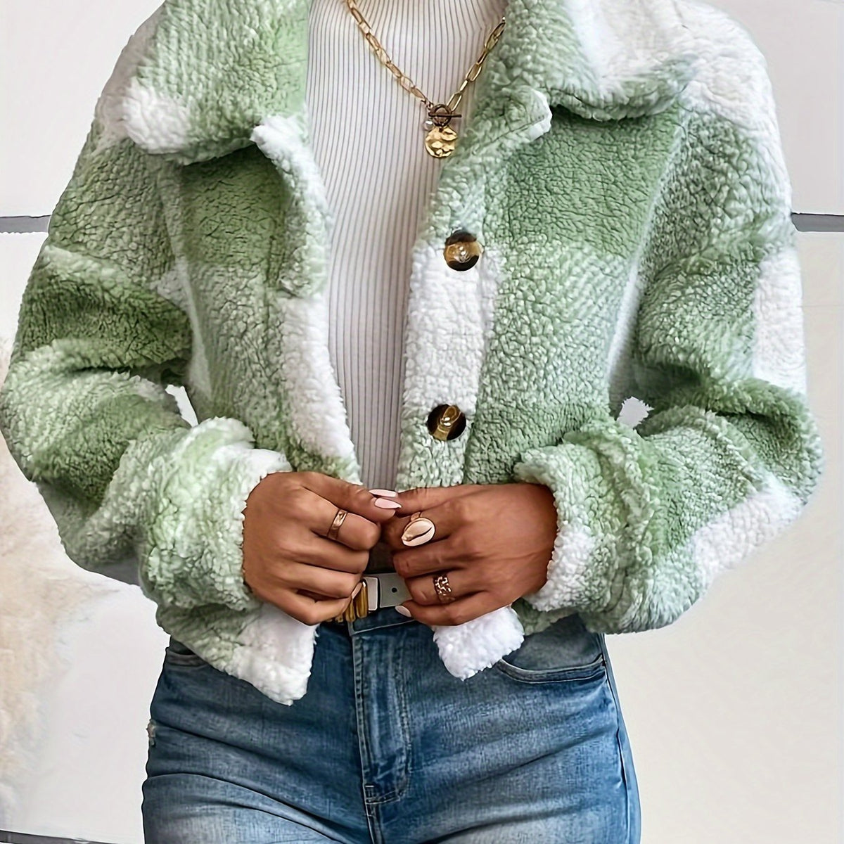 Manteau d'hiver en peluche à carreaux pour femme – Chaud, boutonné, manches longues