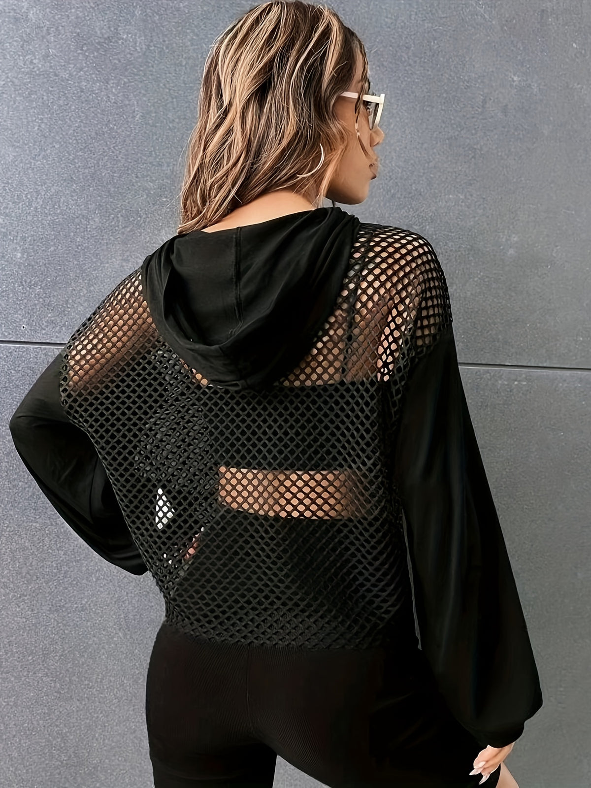 T-shirt à manches longues à capuche en maille Y2K – Haut de rue transparent contrastant pour femme