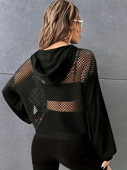 T-shirt à manches longues à capuche en maille Y2K – Haut de rue transparent contrastant pour femme