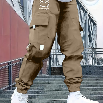 Men’s Joyful Face Work Overalls – Loose Multi-Pocket Cargo Pants