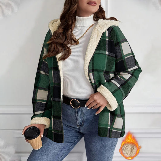 Manteau à carreaux doublé polaire et à capuche pour femme – Chaleur rétro ajustée