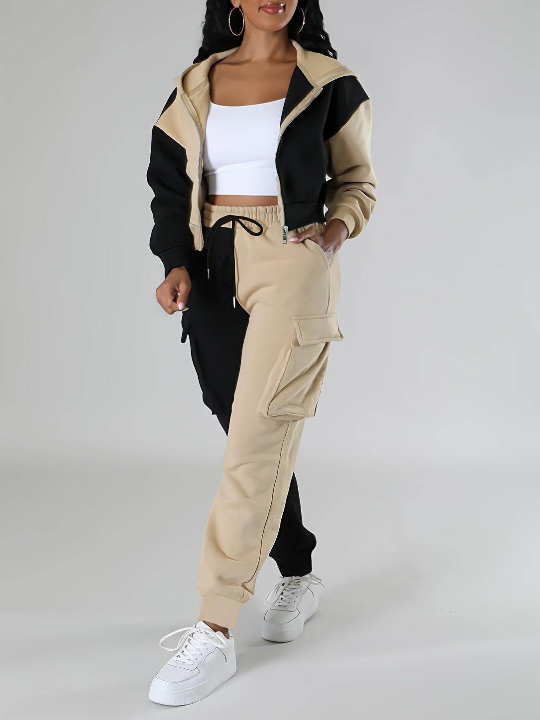 Colorblock Hooded Jacket & Cargo Pants Set – Women’s Zip-Up Two-Piece