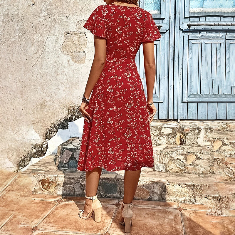 Robe longue boutonnée florale style bohème – Robe de plage fendue d'été