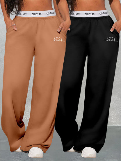 Ensemble deux pièces imprimé cœurs géométriques pour femme – Pantalon large taille haute